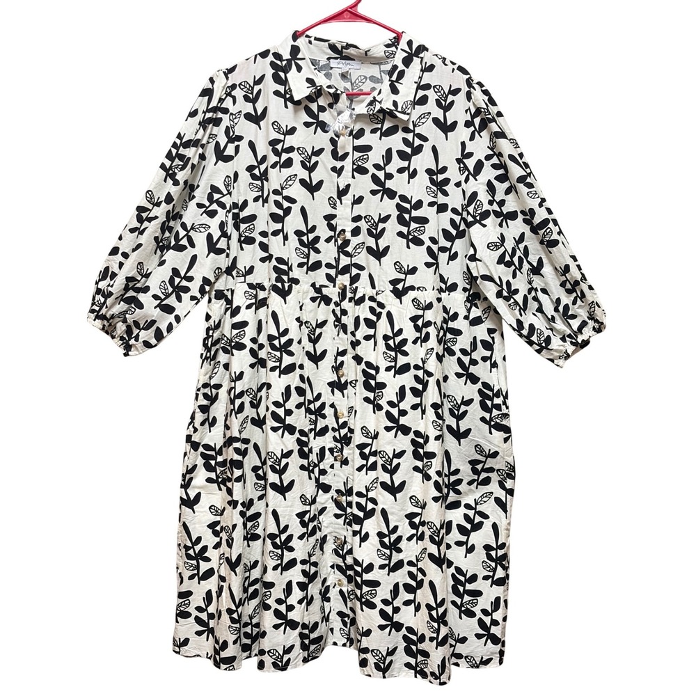 Polagram‎ Black White Leaf Print Tiered Shirt Dress XXXL Balloon Sleeve Pockets